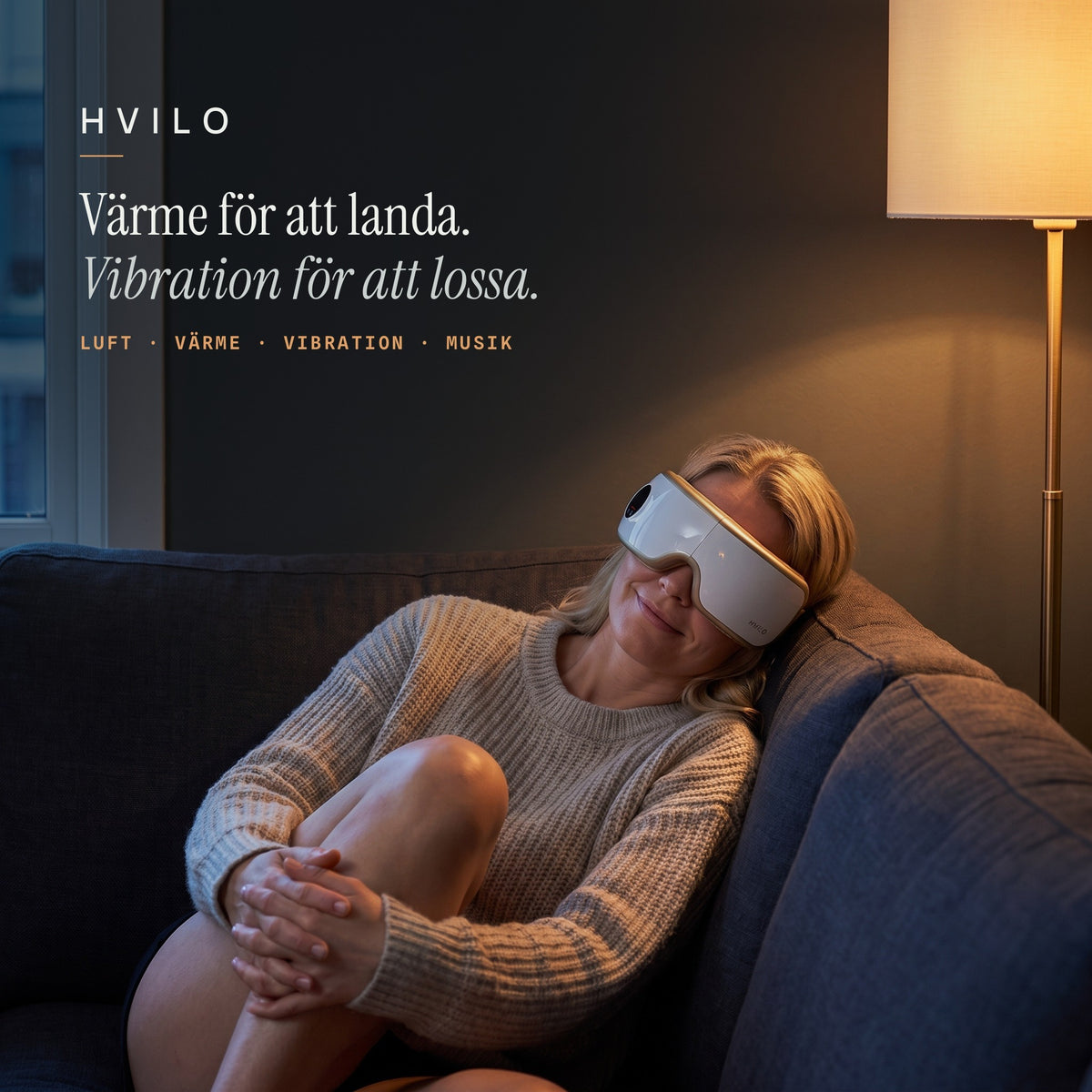 Kvinna vilar med Hvilo Massagemask – värme